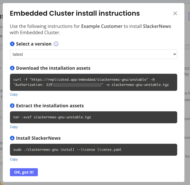 embedded cluster install instructions dialog